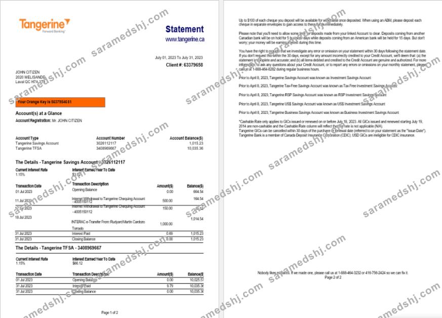 Canada Tangerine bank statement Word and PDF template